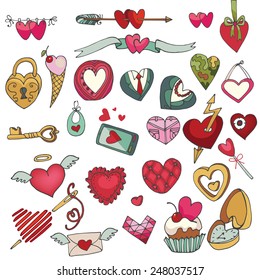 Valentine's day hearts icons big set.For wedding,love,romantic card,template.Flat elements collection.Cute Doodle hand drawing decor set.Vintage vector.Retro style