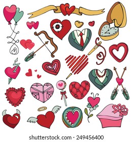 Valentine's day hearts icons big set.For wedding,love,romantic card,template.Flat elements collection.Cute Doodle hand drawing decor set.Vintage vector.Retro style