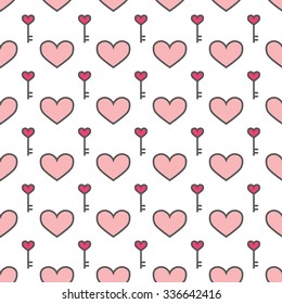 Valentine's Day hearts and keys seamless pattern. Romantic background with hearts.
