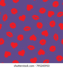 Valentine's Day Hearts, Lips and Kisses, Lipstick Marks Pattern in Red and Ultra Violet - 2018 Color of the Year. Modern Romantic Background Textures. Love Symbols. Seamless Vector Pattern Tile Swatch