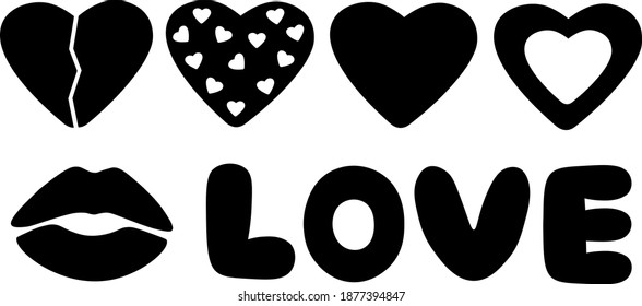 Valentine's day hearts lips silhouettes vector illustration
