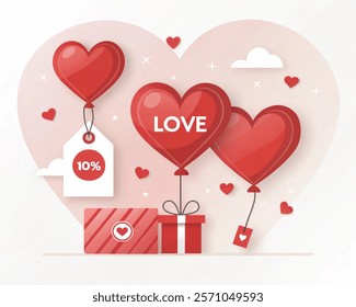 Valentine's day hearts love banner. Vector illustration. 10%discount tag. Sale offer price sign. Special offer symbol. Discount message. Banner with 3d heart icon. Love Valentin template.