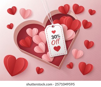 Valentine's day hearts love banner. Vector illustration. 30%discount tag. Sale offer price sign. Special offer symbol. Discount message. Banner with 3d heart icon. Love Valentin template. 