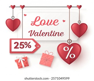 Valentine's day hearts love banner. Vector illustration. 25%discount tag. Sale offer price sign. Special offer symbol. Discount message. Banner with 3d heart icon. Love Valentin template. 