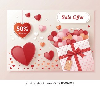 Valentine's day hearts love banner. Vector illustration. 50%discount tag. Sale offer price sign. Special offer symbol. Discount message. Banner with 3d heart icon. Love Valentin template. 