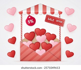 Valentine's day hearts love banner. Vector illustration. 5%discount tag. Sale offer price sign. Special offer symbol. Discount message. Banner with 3d heart icon. Love Valentin template. 