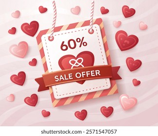 Valentine's day hearts love banner. 60%discount tag. Sale offer price sign. Special offer symbol. Discount message. Banner with 3d heart icon. Love Valentin template. Vector illustration.