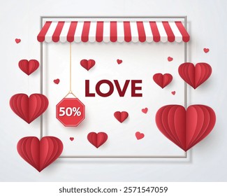 Valentine's day hearts love banner. 50 %discount tag. Sale offer price sign. Special offer symbol. Discount message. Banner with 3d heart icon. Love Valentin template. Vector illustration.