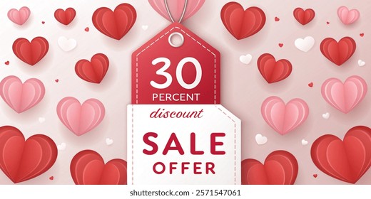 Valentine's day hearts love banner. 30 percent discount tag. Sale offer price sign. Special offer symbol. Discount message. Banner with 3d heart icon. Love Valentin template. Vector illustration.