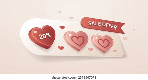 Valentine's day hearts love banner. 20 percent discount tag. Sale offer price sign. Special offer symbol. Discount message. Banner with 3d heart icon. Love Valentin template. Vector illustration.