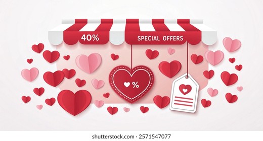 Valentine's day hearts love banner. 40 %discount tag. Sale offer price sign. Special offer symbol. Discount message. Banner with 3d heart icon. Love Valentin template. Vector illustration.