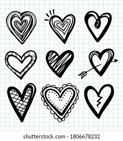 Valentine's Day Hearts , Love Sketchy Notebook Doodles Design Elements on Lined Sketchbook Paper Background- Vector Illustration