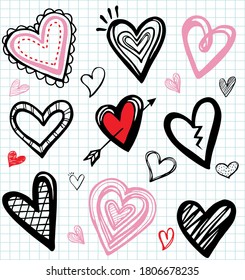 Valentine's Day Hearts , Love Sketchy Notebook Doodles Design Elements on Lined Sketchbook Paper Background- Vector Illustration