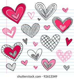 Valentine's Day Hearts / Love Sketchy Notebook Doodles Design Elements on Lined Sketchbook Paper Background- Vector Illustration