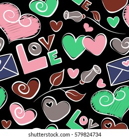 Valentines day hearts, love text, love letter and flower. Hand drawn texture in violet, pink and green colors on black background. Vector seamless pattern.