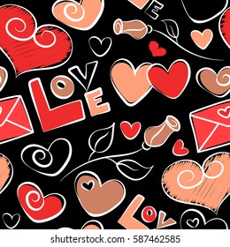 Valentines day hearts, love text, love letter and flower. Hand drawn texture in black, orange and red colors on black background. Vector seamless pattern.