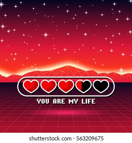 Valentines Day hearts of love themed retro game card with 80s styled neon landscape and life status bar.