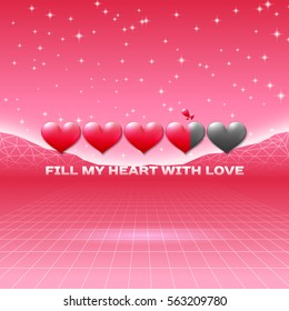 Valentines Day hearts of love themed retro game card with 80s styled neon landscape and life status bar