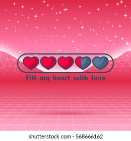 Valentines Day hearts of love themed retro game card with 80s styled neon landscape and life status bar 