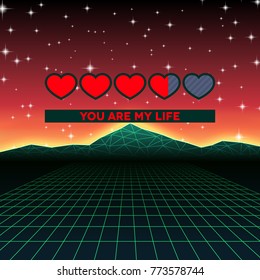 Valentines Day hearts of love themed retro game card with 80s styled neon landscape and life status bar 