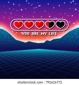 Valentines Day hearts of love themed retro game card with 80s styled neon landscape and life status bar 