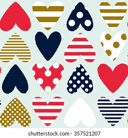 Valentines day hearts on the light background. Vector seamless pattern with love. Red, gold, dark blue and white colors. Striped and polka dots patterns.
