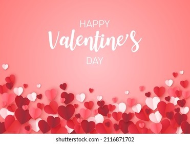 Valentine's day with hearts on red background with copy space. love sale paper cut greeting banner. 14 february in love. vector illustration paper art style.