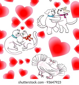 Valentine's Day hearts pattern with romantic dogs and cats and pigeons in love over white