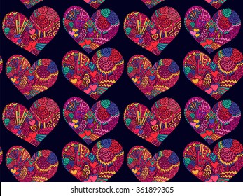 Valentines day hearts pattern. Zentangle colorful hearts background. Vector image can be used for web design, trendy printed products, posters, invitations and greeting cards.