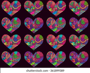 Valentines day hearts pattern. Zentangle colorful hearts background. Vector image can be used for web design, trendy printed products, posters, invitations and greeting cards.