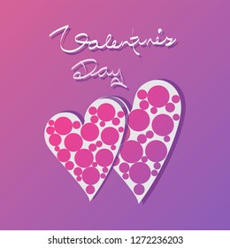 Valentine's Day. Hearts with polka dots. Greeting. Pink lilac backgroundl. Design for greetings, cards, posters, banners.