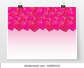 Valentines day hearts poster on binder clips. Black romantic background. Wedding banner. Love theme vector illustration for web design or printed products.