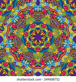Valentine's Day Hearts, rainbows and clouds psychedelic 60s hippie seamless pattern  vector illustration