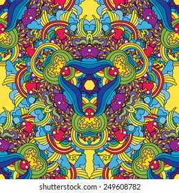 Valentine's Day Hearts, rainbows and clouds psychedelic 60s hippie seamless pattern  vector illustration