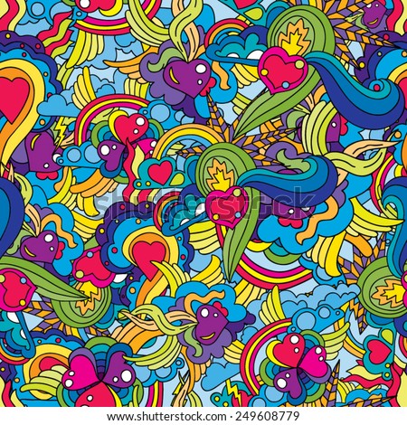 Valentine's Day Hearts, rainbows and clouds psychedelic 60s hippie seamless pattern  vector illustration