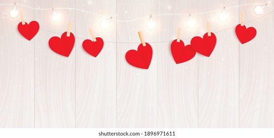 Valentines day hearts realistic composition with horizontal view of lights string with hanging hearts of paper vector illustration