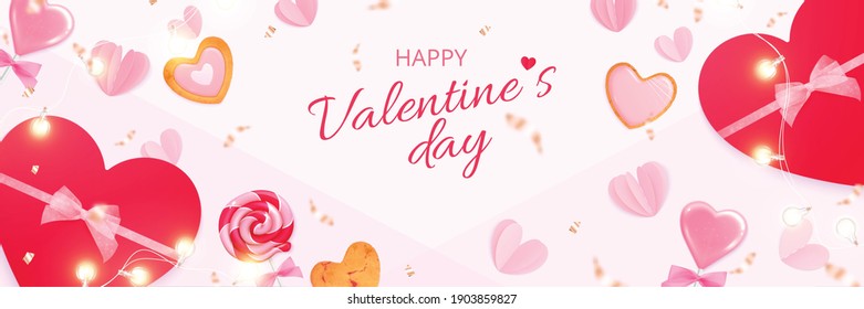 Valentines day hearts realistic composition with editable ornate text and flying sweets hearts and gift boxes vector illustration
