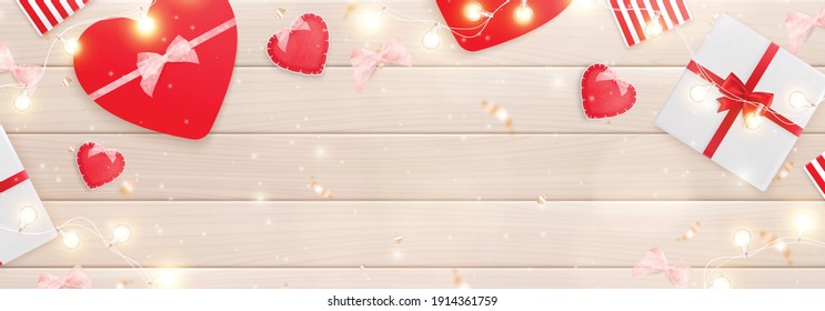 Valentines day hearts realistic horizontal composition with top view of festive boxes with gifts and lights vector illustration