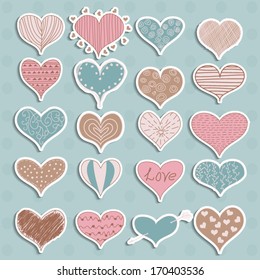 Valentine's Day Hearts Retro Sketchy Doodles on stickers vector