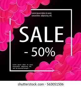 Valentines day hearts sale poster. Black romantic background. Shop discount banner. Love theme vector illustration for web design or printed products.