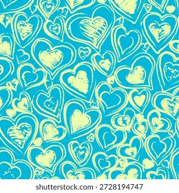 Valentinstag Herz nahtlose Muster in blau und gelb. Handgezeichneter Vektorhintergrund für Geschenkverpackung, Tapete und Ferienhandwerk.