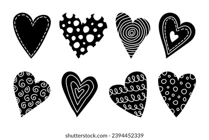 Valentine's day hearts set. Love and Valentines day concept. Hand drawn patterned cute black hearts. Trendy decorative elements for romantic template, greeting cards, stickers. Baby doodle heart.