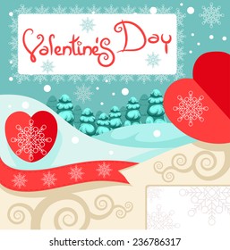 Valentine's Day hearts and snowflakes pattern, substrate to the postcard, vector