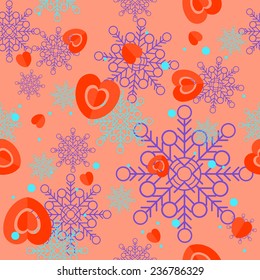 Valentine's Day hearts and snowflakes pattern, substrate to the postcard, vector