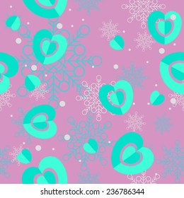 Valentine's Day hearts and snowflakes pattern, substrate to the postcard, vector
