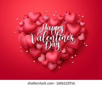 Valentines day hearts vector greeting card. Happy valentines day text with heart shape elements in red background. Vector illustration.