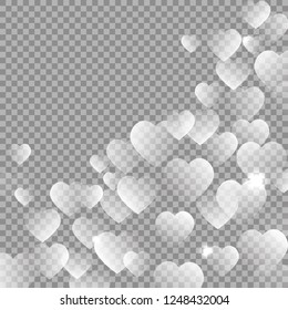 Valentine's day hearts vector isolated on dark background. Hearts transparent decoration effect. Love pattern. Magic white romantic texture. Wedding invitation card backdrop vector illustration