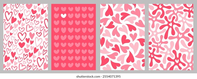 Valentine's day hearts vector red backgrounds set. Various patterns - fluid, liquid, rounded, doodle hand marker drawn heart shapes, surreal blots, blotches. Greeting card templates collection.