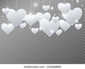 Valentine's Day. Hearts are white. Beautiful shiny hearts on a transparent background. For lovers.