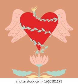 Valentine's day hearts and wings. Vector illustration